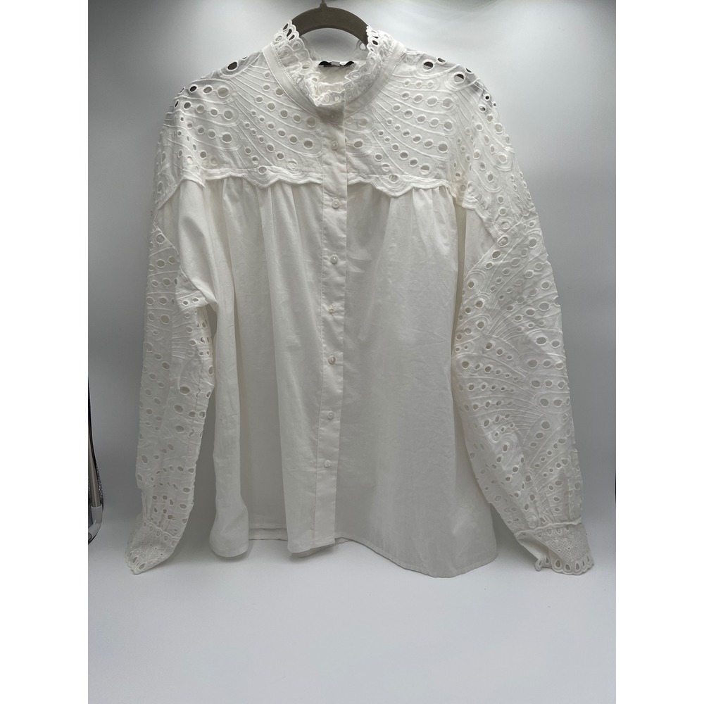 Suncoo Paris White Eyelet Blouse Size 10 Long Sleeve Button Up Feminine Top